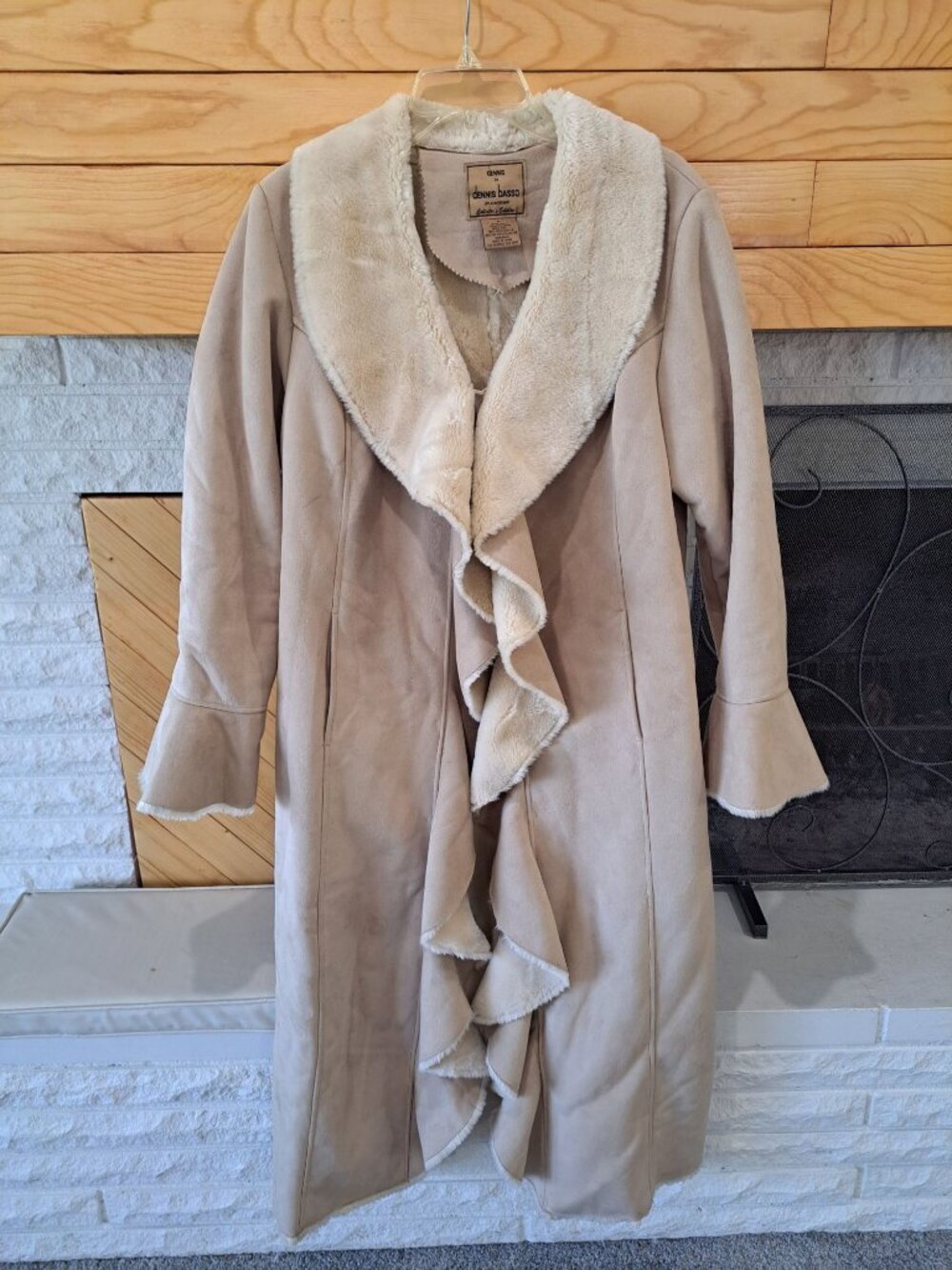 Dennis Basso Faux Suede Shearling Beige Coat M Grunge Festival Penny Lane Boho